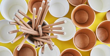 Kağıt ve mısır nişastasından yapılmış içme tüpleri, biyolojik olarak çözünebilir materyal ve yeşil filizli yeşil yapraklı eko kağıt bardaklar 2021 model arka planda. Sıfır atık ve plastiksiz konsept. Üst görünüm. 