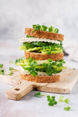 Avokado, salatalık ve beyaz peynirli sandviç. Sağlıklı bir kahvaltı için basit bir ahşap büfede mikro-yeşillik ve çok tahıllı ekmek ile süslenmiş. Seçici odak.