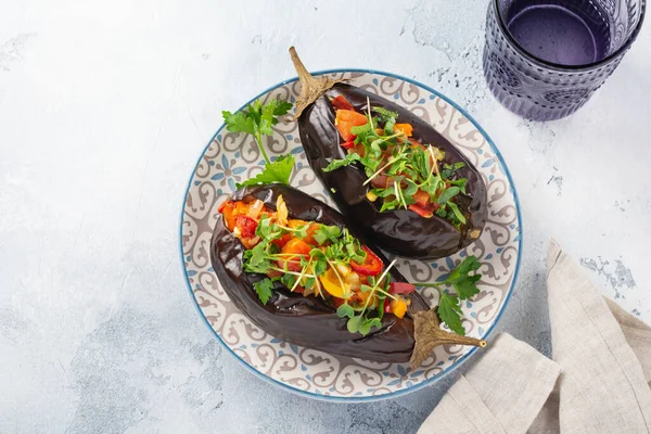 Baked Stuffed Eggplant Different Vegetables Tomato Pepper Onion Microgreens Parsley — Stock Photo, Image