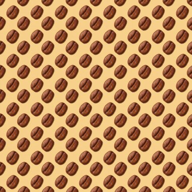 Sarı, güneşli arka planda kavrulmuş kahve çekirdeği. Kahve çekirdeğinin kusursuz deseni. Duvar kağıdı, tekstil, arka plan, poster, kitap kapağı, kartpostallar için iyidir.