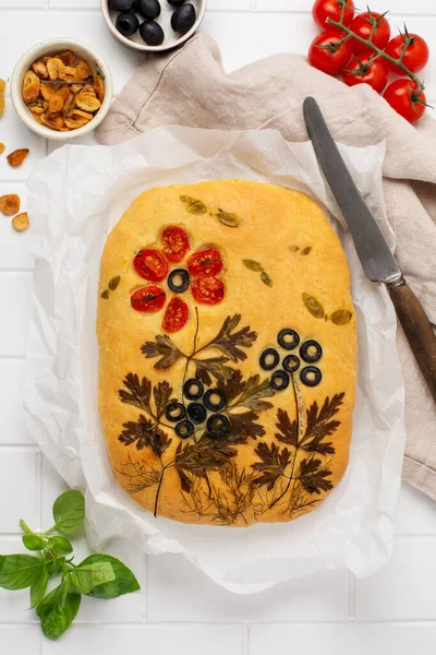 Homemade Flower Focaccia Creative Idea Focaccia Cooking Crispy Focaccia Vegetables — Stock Photo, Image