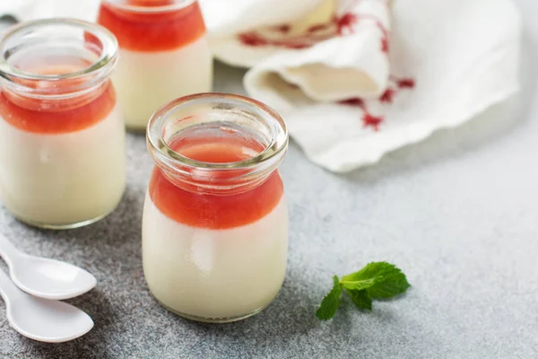 Festive Dessert Berry Jelly Vanilla Panna Cota Fresh Strawberry Gray — Stock Photo, Image