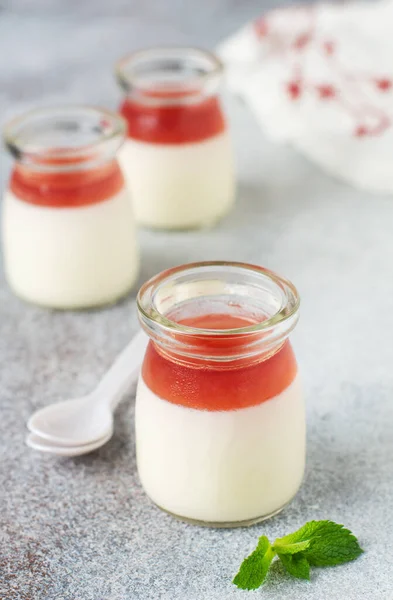 Festive Dessert Berry Jelly Vanilla Panna Cota Fresh Strawberry Gray — Stock Photo, Image