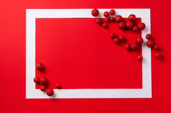 Christmas Festive Background White Frame Red Christmas Decorations Red Background — Stock Photo, Image