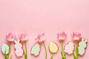 Paskalya zencefilli yumurtalı pembe laleler pembe arka planda yer alıyor. Çiçek deseni. Model yap ve afiş yap. Metin için boşluk.