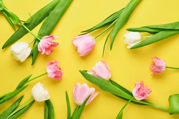 Tulipas Cor Rosa Fundo Amarelo Padrão Floral Cartão Felicitações Espaço — Fotografia de Stock