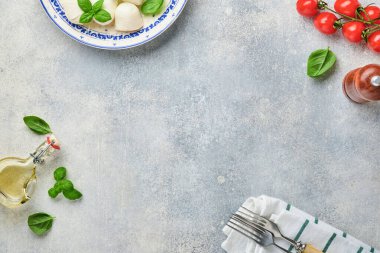 Beyaz seramik tabakta fesleğenli Mozzarella peyniri domates vişneli zeytinyağı ve baharat öğütücü, baharatlar, arkaplanda biberli domates vişnesi. Model yap. Caprese salatası için malzemeler.