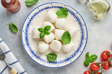 Beyaz seramik tabakta fesleğenli Mozzarella peyniri domates vişneli zeytinyağı ve baharat öğütücü, baharatlar, arkaplanda biberli domates vişnesi. Model yap. Caprese salatası için malzemeler.