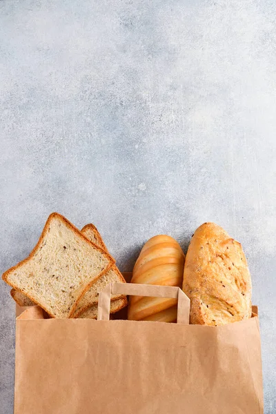 Mixed Bread Paper Bag Light Gray Concrete Stone Table Top — Stock Photo, Image