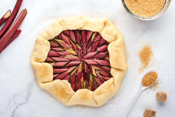 Galette Fresh Rhubarb Process Preparation Ingredients Flour Water Butter Sugar — Stock Photo, Image