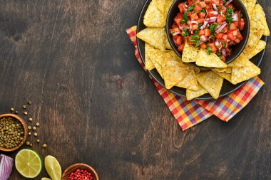 Geleneksel Meksika domates sosu. Nacho, domates, sarımsak, soğan ve ahşap kaplama. Latin Amerika ve Meksika yemekleri kavramı. Model.