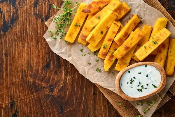 Patatas Fritas Polenta Caseras Con Sal Marina Parmesano Tomillo Romero — Foto de Stock