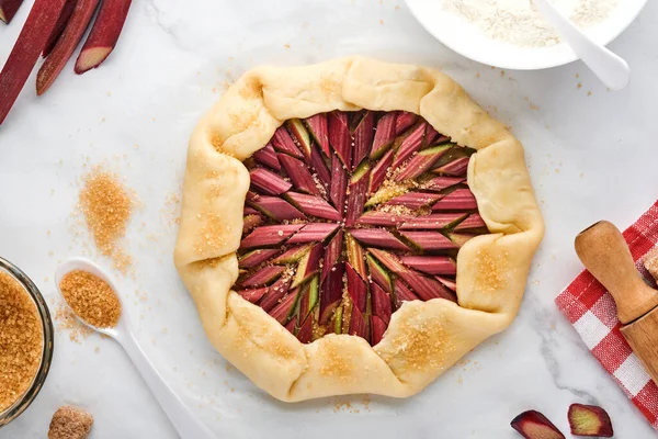 Galette Fresh Rhubarb Process Preparation Ingredients Flour Water Butter Sugar — Stock Photo, Image