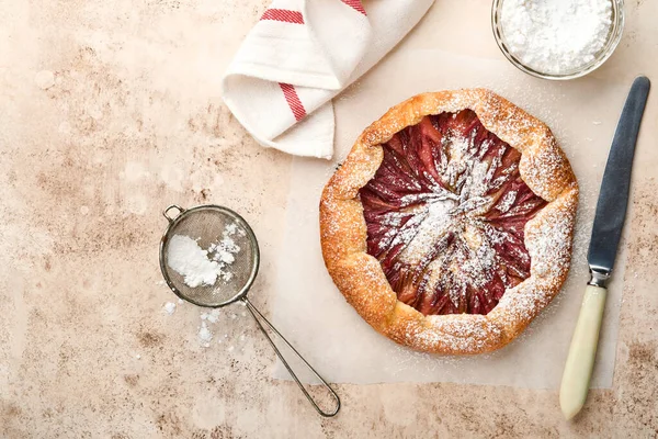 Homemade Rhubarb Galette Made Star Pattern Old Concrete Table Background — Stock Photo, Image