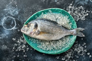 Çiğ dorado taze balığı ya da limon, kekik, sarımsak, vişneli domates ve buz üzerine buz, taş ya da beton arkaplan yapımında kullanılan malzemelerle birlikte deniz çamı. Kopyalama alanı olan üst görünüm.