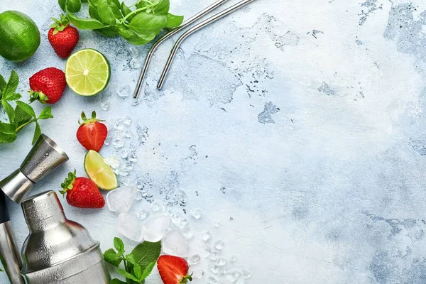 Food Fresh Ingredients Making Lemonade Infused Detox Water Cocktail Strawberries — 스톡 사진