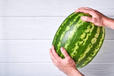 Young man keep whole watermelon in hands in white t-shirt on white wooden background. Mock up for design. Copy space.