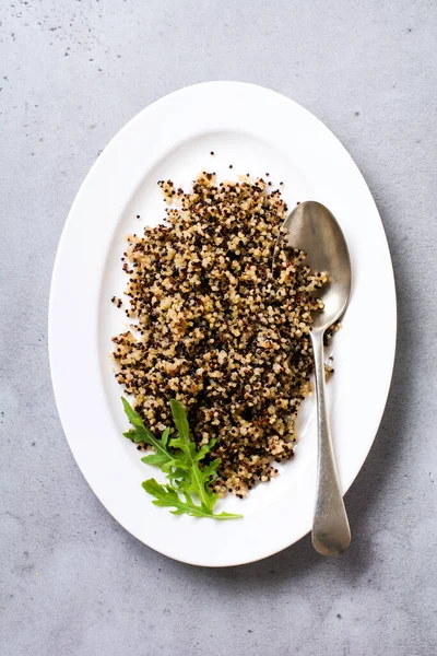 Cooked White Red Black Quinoa White Plate Grey Rustic Background — Stock Photo, Image