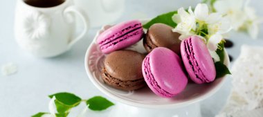 Çikolata ve kuşüzümü seramik tabakta açık beton arka planda Fransız Makaronları. Seçici odak.