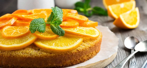 Orange Mandarin Cake Polenta Upside Old Wooden Background Selective Focus — Stock Photo, Image