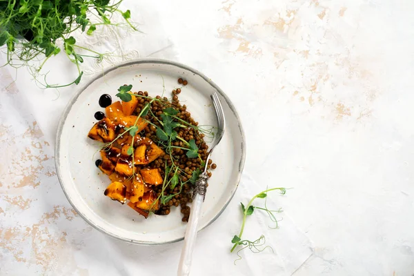 Salad Baked Pumpkin Lentils Balsamic Dressing Garnished Peas Microgreens Light — Stock Photo, Image