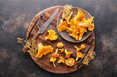 Orman mantarları ve orman yosunları eski ahşap bir arka planda. Kahverengi desenli arka planda rafadan tabakta pişmemiş çiğ. Model yap. Üst görünüm.