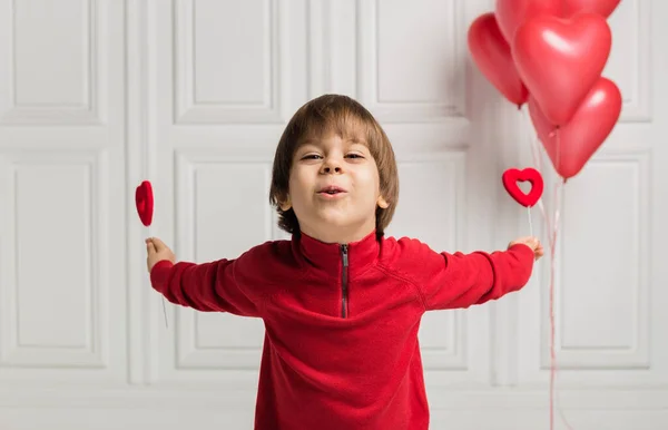 Happy Boy Holding Two Hearts White Background Balloons Hearts Stock Photo
