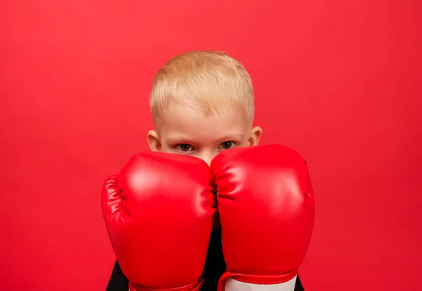 Kırmızı boks eldivenli bir erkek boksörün portresi. Çocuk eldivenleriyle yüzünü kapattı.