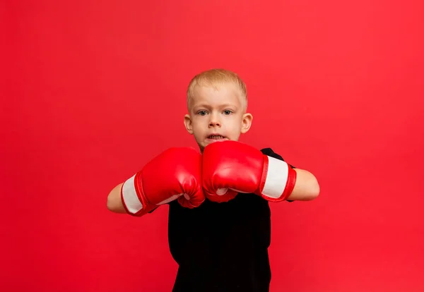 Angry Boy Boxer Luvas Boxe Vermelho Fundo Vermelho Com Espaço — Fotografia de Stock