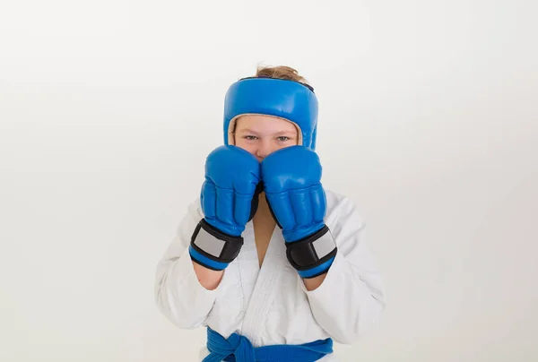 Serious Boxer Boy Wearing Helmet Gloves Stands Pose White Background — Stock Photo, Image