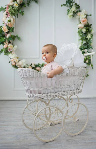 Emzik takan bir bebek, beyaz bir arka planda çiçekli eski bir bebek arabasında oturur.