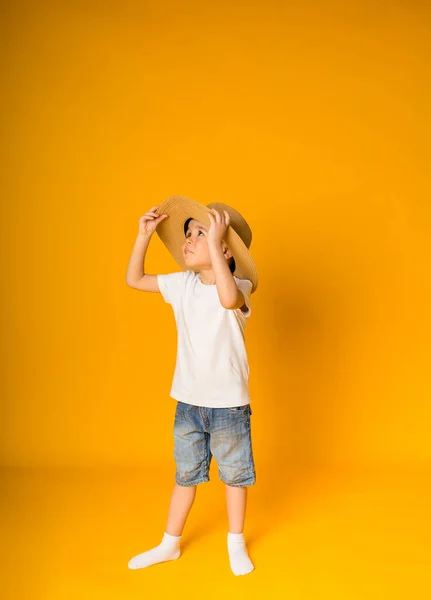 Stock image little boy toddler in a straw hat stands sideways on a yellow background with space for text