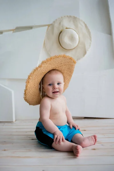 Happy Baby Boy Blue Shorts Straw Hat White Background Space — Stock Photo, Image