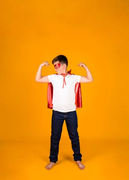 Boy Hero Costume Shows Superpower Yellow Background Place Text — Stockfoto