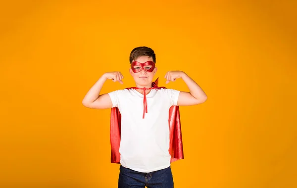 Dark Haired Boy Hero Costume Shows Superpower Yellow Background Place — Stockfoto