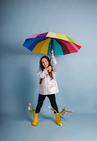 a little girl in a raincoat and rubber boots with flowers holds a multi-colored umbrella on a blue background with a place for text