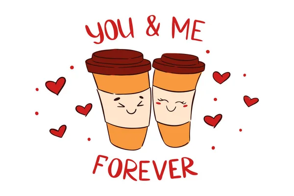 Due tazze di carta da caffè usa e getta simpatici personaggi innamorati di cuori e lettere. Illustrazione disegnata a mano per San Valentino. Vettore — Vettoriale Stock