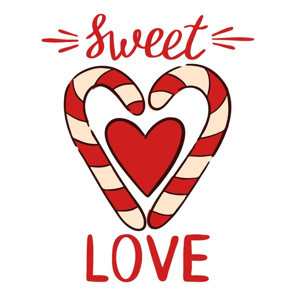 Δύο καραμέλες σε σχήμα καρδιάς με την επιγραφή "γλυκιά αγάπη". Χειροποίητη απεικόνιση για την ημέρα του Αγίου Βαλεντίνου. Διάνυσμα — Διανυσματικό Αρχείο