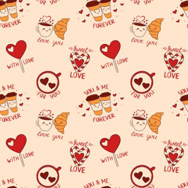 Kalpleri, kahveyi ve kruvasanı olan soyut ve soyut bir arka plan. Lolipop ve sevgililer günü için mektuplar. Kağıt, kart, duvar kağıdı, afiş, kumaş, iç mekan için harika. Güzel el çizimi illüstrasyon