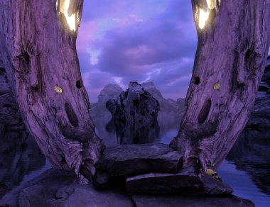 Mor bir şafak vaktinde taştan yapılmış sunakla üç boyutlu hayali bir manzara.