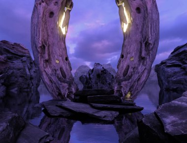 Mor bir şafak vaktinde taştan yapılmış sunakla üç boyutlu hayali bir manzara.