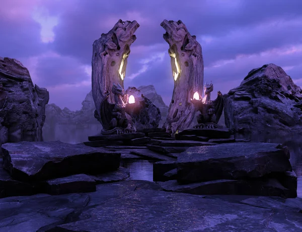 Mor bir şafak vaktinde taştan yapılmış sunakla üç boyutlu hayali bir manzara.