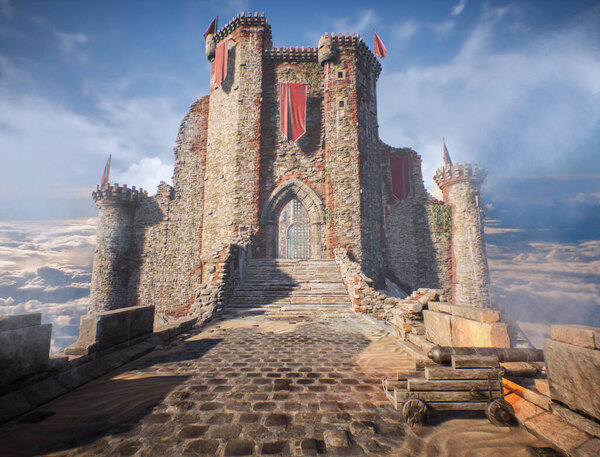 A 3D rendered scene from a castle's ruins with majestic arches and walls made of stone.