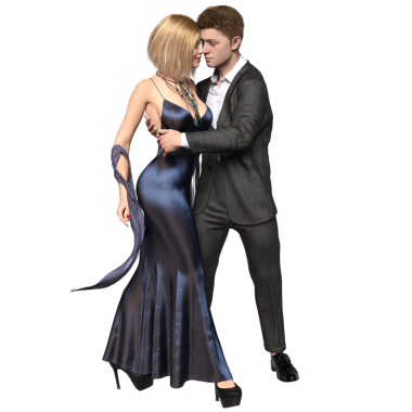 Üç boyutlu romantik bir çift, uzun, zarif mavi bir gece elbisesi giyen bir kadın ve şeffaf arka planda izole edilmiş resmi takım elbiseli bir adam.