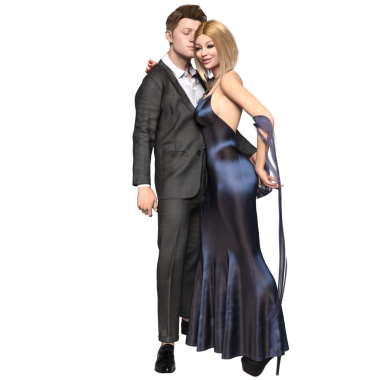 Üç boyutlu romantik bir çift, uzun, zarif mavi bir gece elbisesi giyen bir kadın ve şeffaf arka planda izole edilmiş resmi takım elbiseli bir adam.