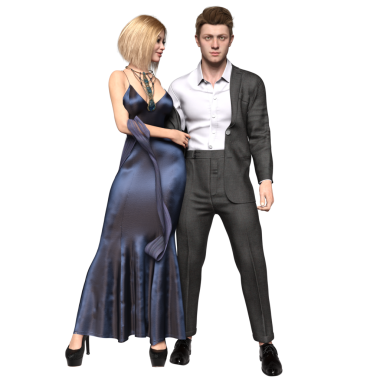 Üç boyutlu romantik bir çift, uzun, zarif mavi bir gece elbisesi giyen bir kadın ve şeffaf arka planda izole edilmiş resmi takım elbiseli bir adam.