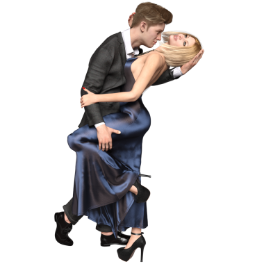 Üç boyutlu romantik bir çift, uzun, zarif mavi bir gece elbisesi giyen bir kadın ve şeffaf arka planda izole edilmiş resmi takım elbiseli bir adam.