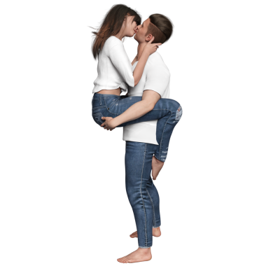 Beyaz gömlek ve kot giyen, çıplak ayaklı, şeffaf bir arkaplanda izole edilmiş, üç boyutlu bir çift.