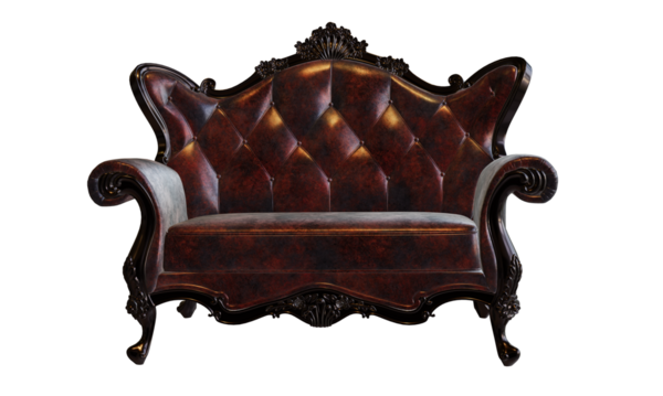 3 boyutlu klasik deri kanepe şeffaf arka planda izole edilmiş.