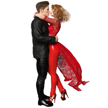 Üç boyutlu bir çift, samimi bir pozda, kırmızı yüzen dantelli kadın, siyah giyen bir adam tarafından kucaklanıyor, şeffaf bir arka planda izole edilmiş..